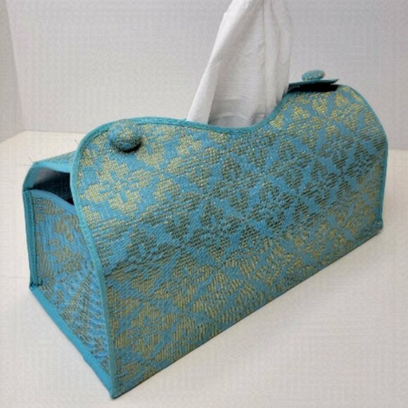 Unique Home Accent Tissue Box Holder Blue and Gold Songket Tissue Box Cover - Picture 1 of 11